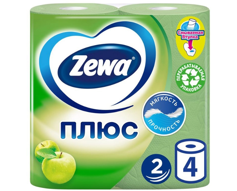 Туалетная бумага Zewa Plus "Яблоко", 2-х слойная, 4 рулона, яблоко